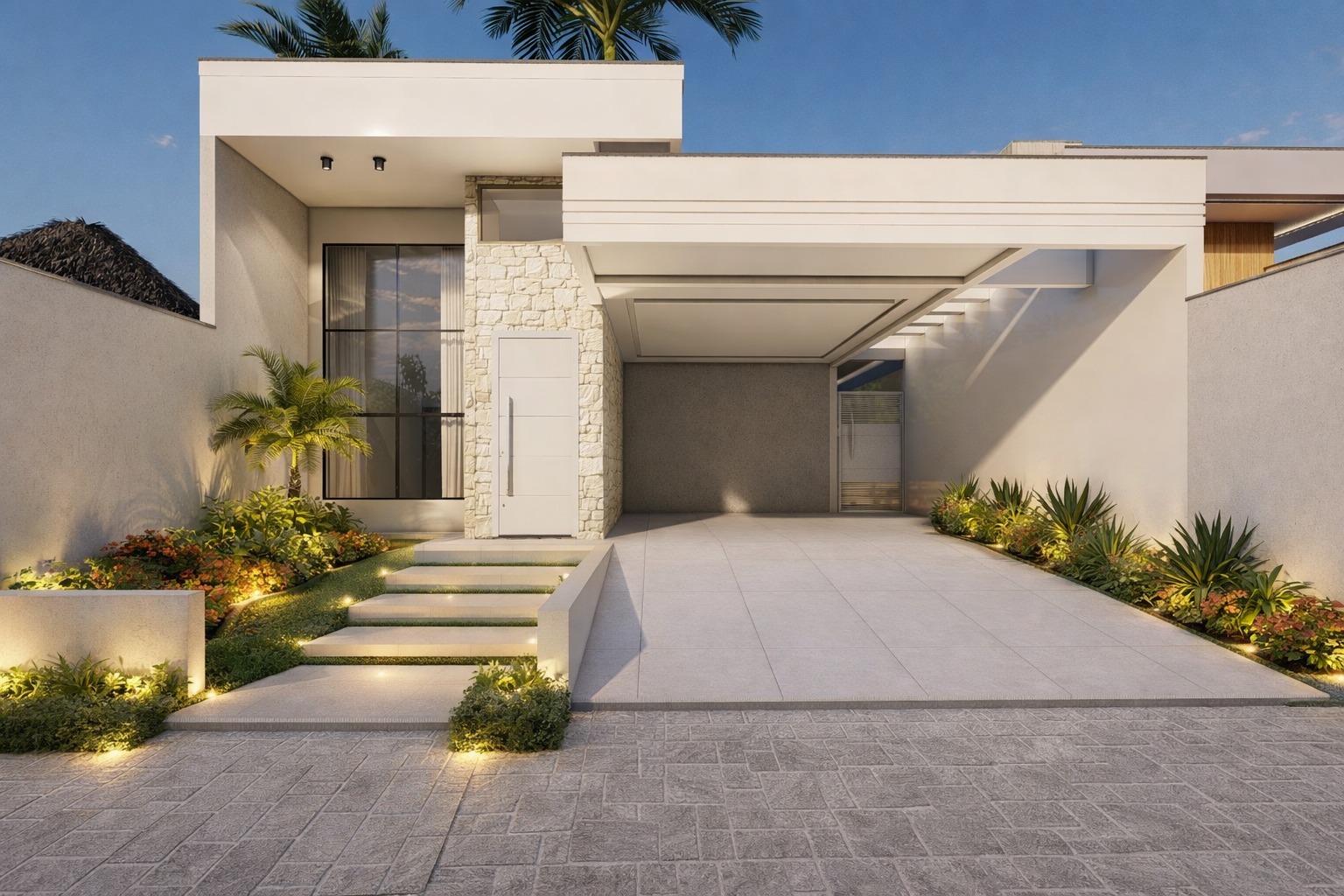 Fachada de casa moderna com revestimento em pedra e paisagismo