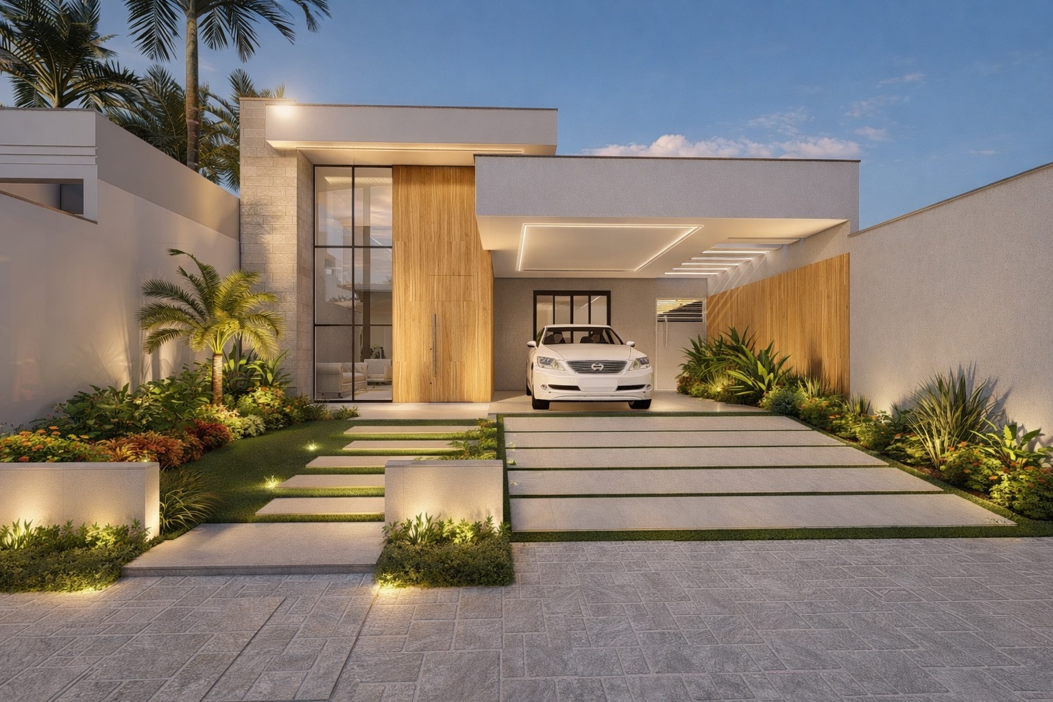 Fachada de residência moderna com garagem coberta e detalhes em madeira