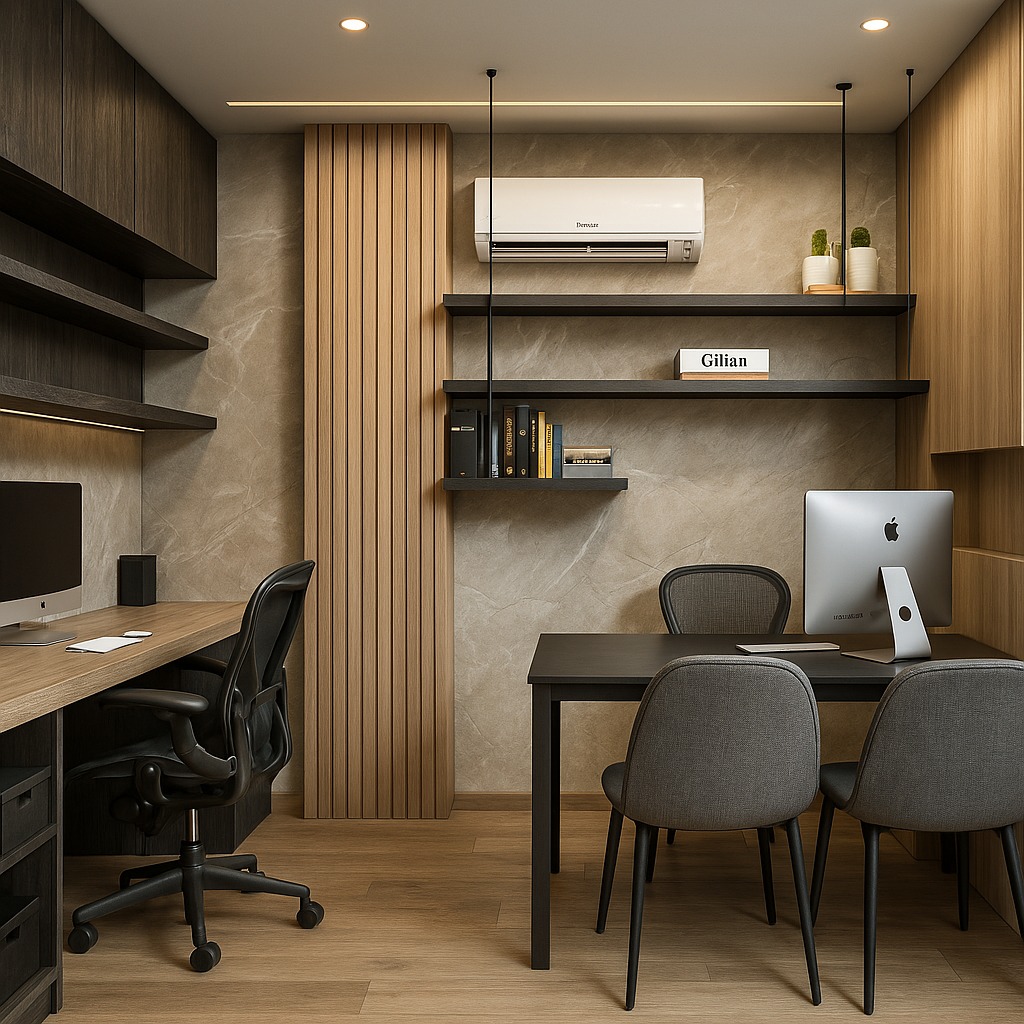 Home office com marcenaria planejada e iluminação embutida